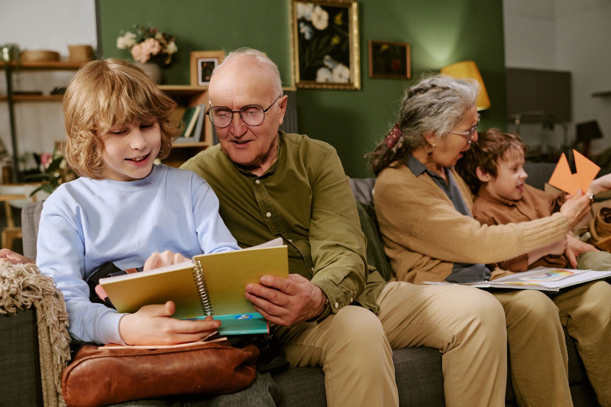 Family gathered together in a learning setting